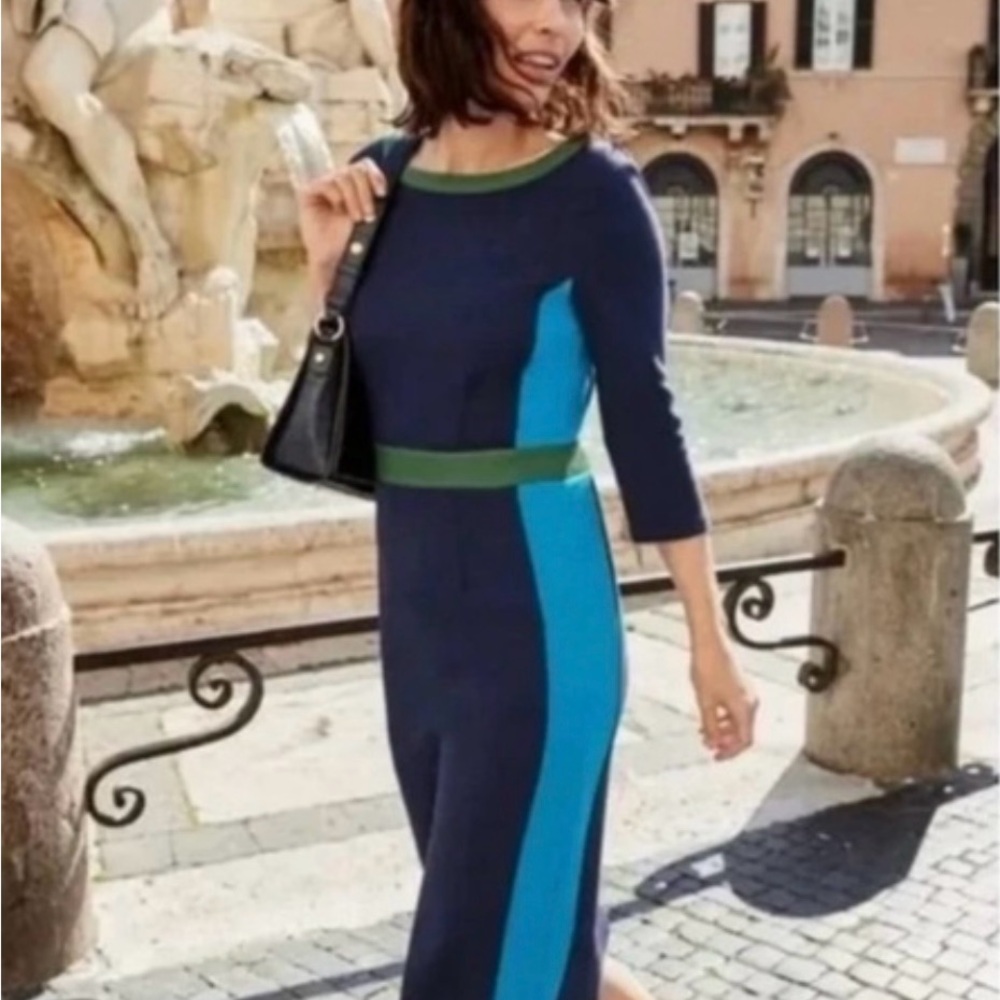 Boden Navy and Bright Blue Colorblock Midi Dress with Olive Trim